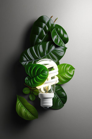 LED light lamp with green leaf, ECO energy concept, close up.  Saving Energy and Ecological Environment. Renewable and saving energy, eco or green power consumption concept, AI Generativeの素材