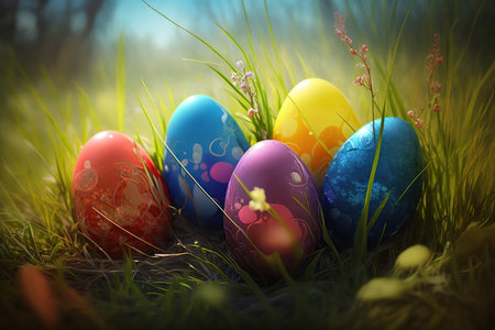 AI generated easter eggs on green grass with sunlight. Happy Easterの素材