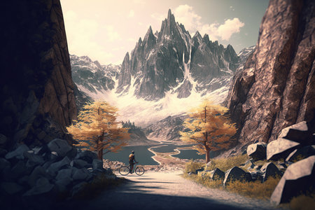 Unrecognizable man cyclist, tourist, with backpack on a bike looking at mountain and lake scenery, sunset, enjoying view, AI Generated.の素材