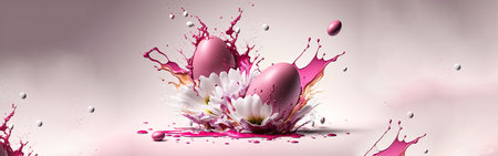 Banner White eggs with flower with splash magenta paint, Holiday draw egg, happy Easter, Spring concept. AI Generativeの素材