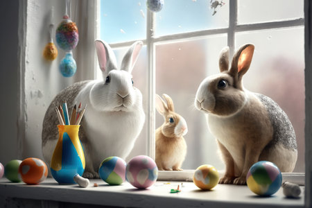 Easter bunnies, rabbits painting eggs indoor, happy Easter. AI Generativeの素材