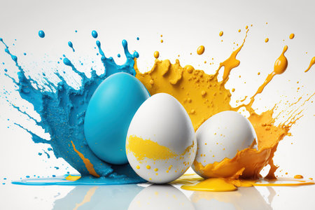 White eggs with splash and levitation, spilled yellow and blue paint, Holiday draw eggs, happy Easter, top view, Generated AI.の素材