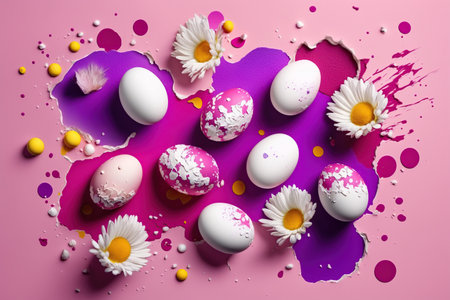 Flat lay white eggs with splash, spilled magenta paint and flowers, Holiday draw eggs, happy Easter, top view, Generated AI.の素材