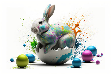 Easter rabbit with Eggs and colorful paint splash, happy Easter banner. AI Generativeの素材