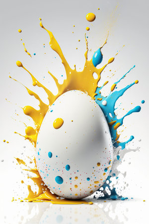White egg with splash and levitation, spilled yellow and blue paint, Holiday draw egg, happy Easter, top view, Generated AI.の素材