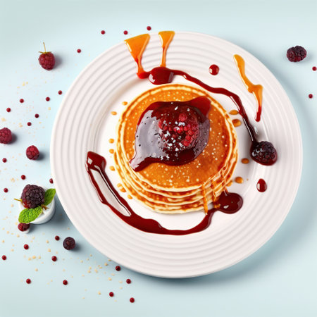 American pancake with jam and frozen raspberry on white background, breakfast, splash and messy food, ai generatedの素材