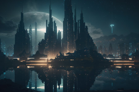 Ai generated incredible world, future city surreal buildings at night with light, intergalactic cities, science fictionの素材