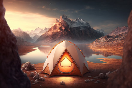Alone tent pitched on a top a mountain, Camping at the top of the world between the clouds, picturesque landscape, travel concept. AI Generativeの素材