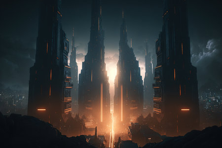 Ai generated incredible world, future city surreal buildings at night with light, intergalactic cities, science fictionの素材