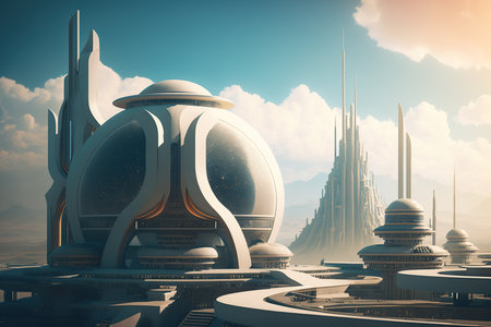Ai generated incredible world, white future city surreal buildings at morning light, sunlight intergalactic cities, science fictionの素材