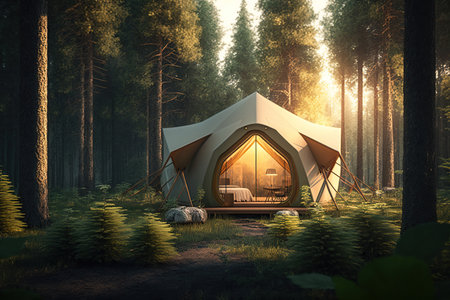 Glamping tent in the bright forest,  eco vacation in nature. Rest place in forest, Modern outdoor recreation concept. AI generative.の素材