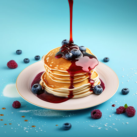 American pancake with jam and frozen raspberry on blue background, breakfast, splash and messy food, ai generatedの素材