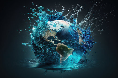 Planet Earth splashing in water liquid on black background, World Water Day Concept, Every Drop Matters, Saving water, World environmental protection concept AI Generativeの素材