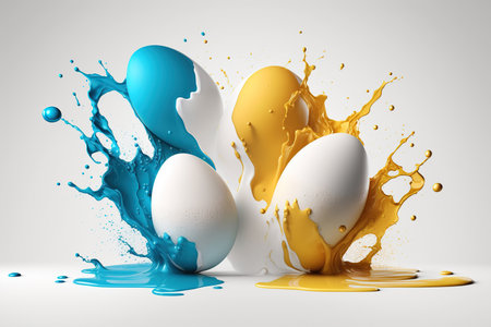 White eggs with splash and levitation, spilled yellow and blue paint, Holiday draw eggs, happy Easter, top view, Generated AI.の素材