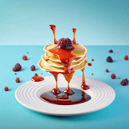 American pancake with jam and frozen raspberry on blue background, breakfast, splash and messy food, ai generatedの素材