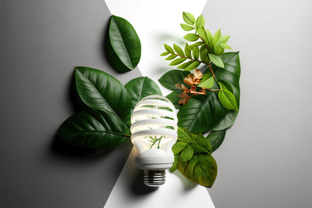 LED light lamp with green leaves and flowers, ECO energy concept.  Saving Energy and Ecological Environment. Renewable and saving energy, eco or green power consumption concept, AI Generativeの素材