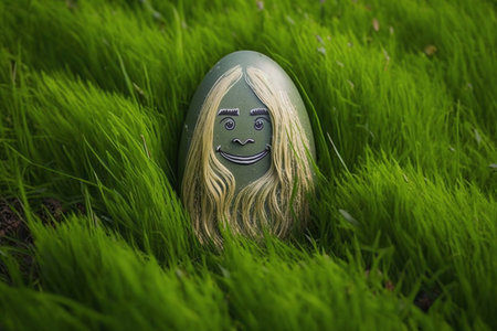 AI generated funny easter eggs with woman faces on green grass with sunlight. Happy Easterの素材