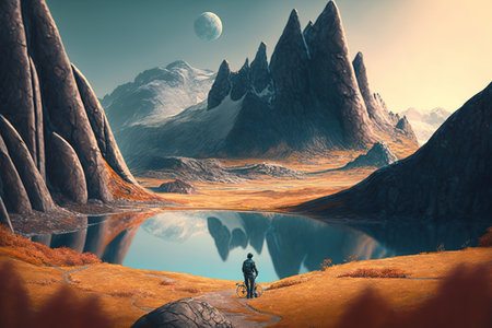 Unrecognizable man cyclist, tourist, with backpack on a bike looking at mountain and lake scenery, sunset, enjoying view, AI Generated.の素材