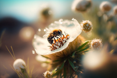 Honey bee collecting bee pollen from white flower blossom in sunlight, Bee collecting honey, ai generated.の素材