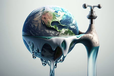 World Water Day Concept. Tap with flowing water from planet Earth on white baclground, Every Drop Matters, Saving water, World environmental protection concept AI Generativeの素材