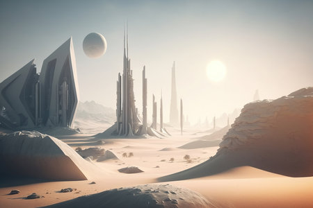 Ai generated incredible world, white future city surreal buildings at morning light, sunlight intergalactic cities, science fictionの素材