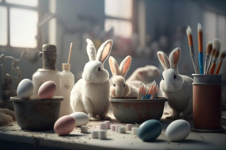 Easter bunnies, rabbits painting eggs indoor, happy Easter. AI Generativeの素材