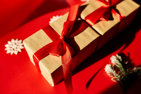 Top view Christmas eco friendly packaging kraft paper and fir branches gifts for the Holiday season on red background, hard lightの写真素材