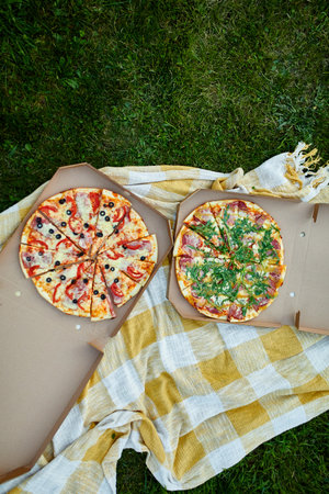 Two pizzas in the food carton on the grass, picnic concept, top view, copy space. Take away food, fastwood, italian pizza outdoor.の写真素材