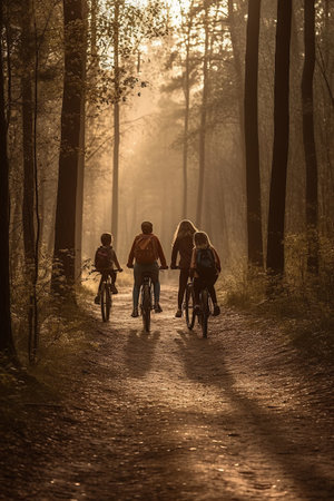 Family riding on bicycles through the forest during sunset, woodland, summer activity outdoors together, AI Generative.の素材