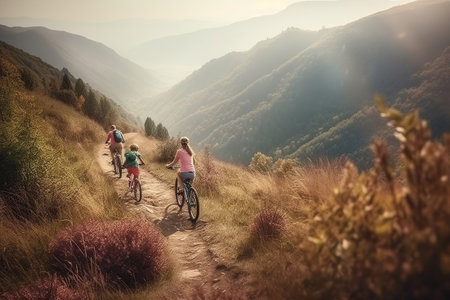 Family riding on bicycles through the mountain in countryside during sunset, woodland, summer activity outdoors together, AI Generative.の素材