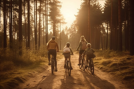 Family riding on bicycles through the forest during sunset, woodland, summer activity outdoors together, AI Generative.の素材