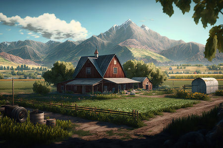 A rural farm, farmhouse with crops in countryside with mountains background,  morning view. AI Generative.の素材