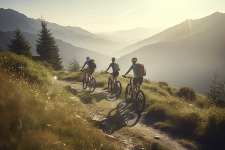Family riding on bicycles through the mountain in countryside during sunset, woodland, summer activity outdoors together, AI Generative.の素材