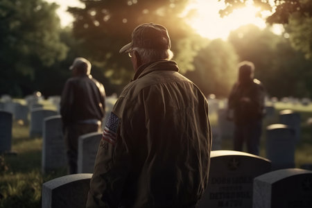Veterans stands near graves of American heroes, sunlight, Memorial Day, Independence day, US National flag, AI Generative.の素材