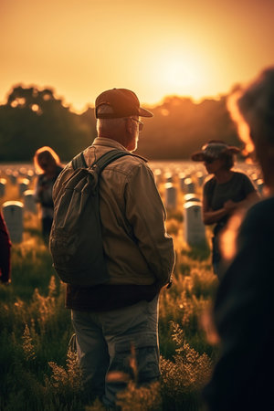 Veterans stands near graves of American heroes, sunlight, Memorial Day, Independence day, US National flag, AI Generative.の素材