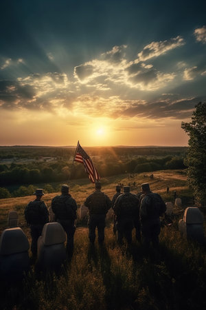 Military soldier stands near graves of American heroes sunlight, Memorial Day, Independence day, US National flag, AI Generative.の素材