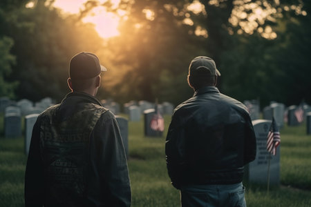 Military soldier stands near graves of American heroes sunlight, Memorial Day, Independence day, US National flag, AI Generative.の素材