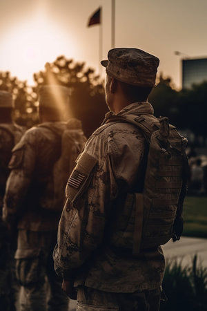 Military soldier stands near graves of American heroes sunlight, Memorial Day, Independence day, US National flag, AI Generative.の素材