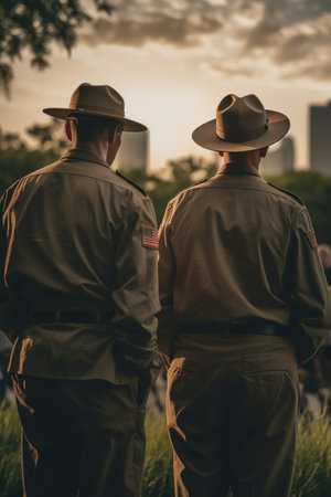 Military soldier stands near graves of American heroes sunlight, Memorial Day, Independence day, US National flag, AI Generative.の素材