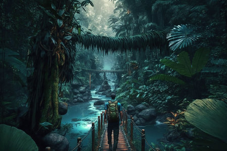 Unrecognizable man traveler with backpack in greens jungle , rainforest. Adventure, travel, tourism, ecotourism freedom and active lifestyle concept, AI Generativeの素材