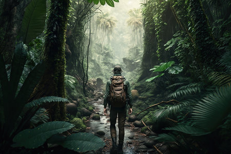 Unrecognizable man traveler with backpack in greens jungle , rainforest. Adventure, travel, tourism, ecotourism freedom and active lifestyle concept, AI Generativeの素材