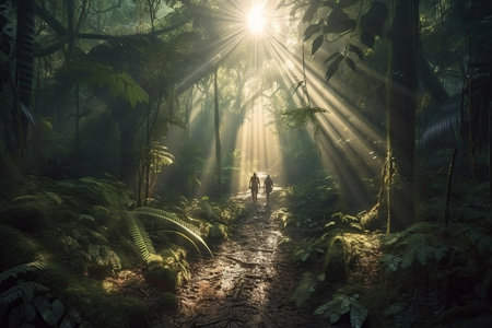 Unrecognizable two travelers with backpack in greens jungle ,rainforest sunlight. Adventure, travel, ecotourism freedom and active lifestyle concept, AI Generativeの素材