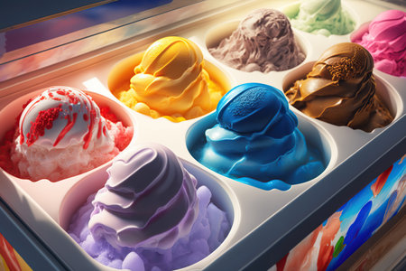 Various flavors of ice creams at the showcase in dessert shop, Assortment of colorful Gelato in display case. AI Generative.の素材
