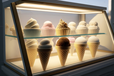 Various flavors of ice creams at the showcase in dessert shop, Assortment of colorful Gelato in display case. AI Generative.の素材