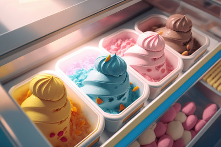 Various flavors of ice creams at the showcase in dessert shop, Assortment of colorful Gelato in display case. AI Generative.の素材