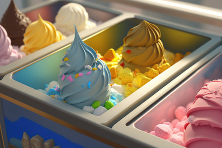 Various flavors of ice creams at the showcase in dessert shop, Assortment of colorful Gelato in display case. AI Generative.の素材