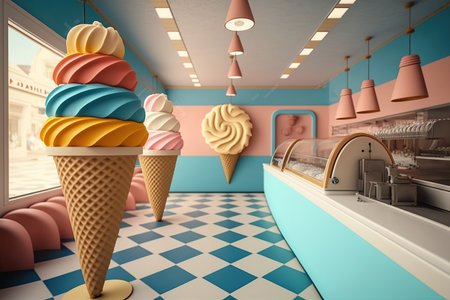 Colorful modern ice creams shop,Various flavors of ice creams at the showcase in dessert shop, Assortment of colorful Gelato in AI Generative.の素材