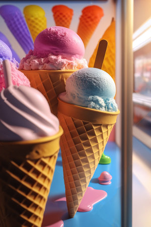 Various flavors of ice creams at the showcase in dessert shop, Assortment of colorful Gelato in display case. AI Generative.の素材