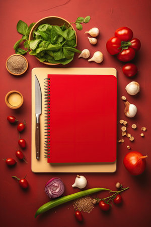 Flat lay of open recipe book with fresh vegetables and fruits on red background, Cooking book ingredients, vegetarian diet food, AI Generative.の素材