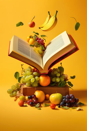 Levitation of open recipe book with fresh vegetables and fruits on yellow background, Cooking book ingredients, vegetarian diet flying food, AI Generative.の素材